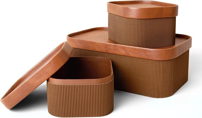 LA JOLIE MUSE Decorative Storage Boxes with Lids Faux Leather, Brown 3 Pack | Amazon (US)