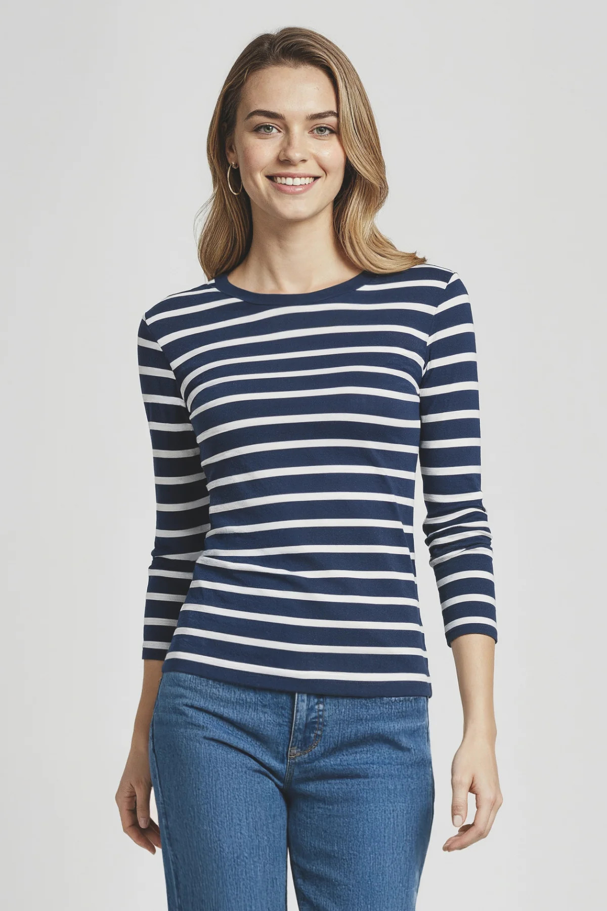 Ribbed Crew-Neck Long Sleeve Tee | Medieval Blue Mel Stripe | Three Dots