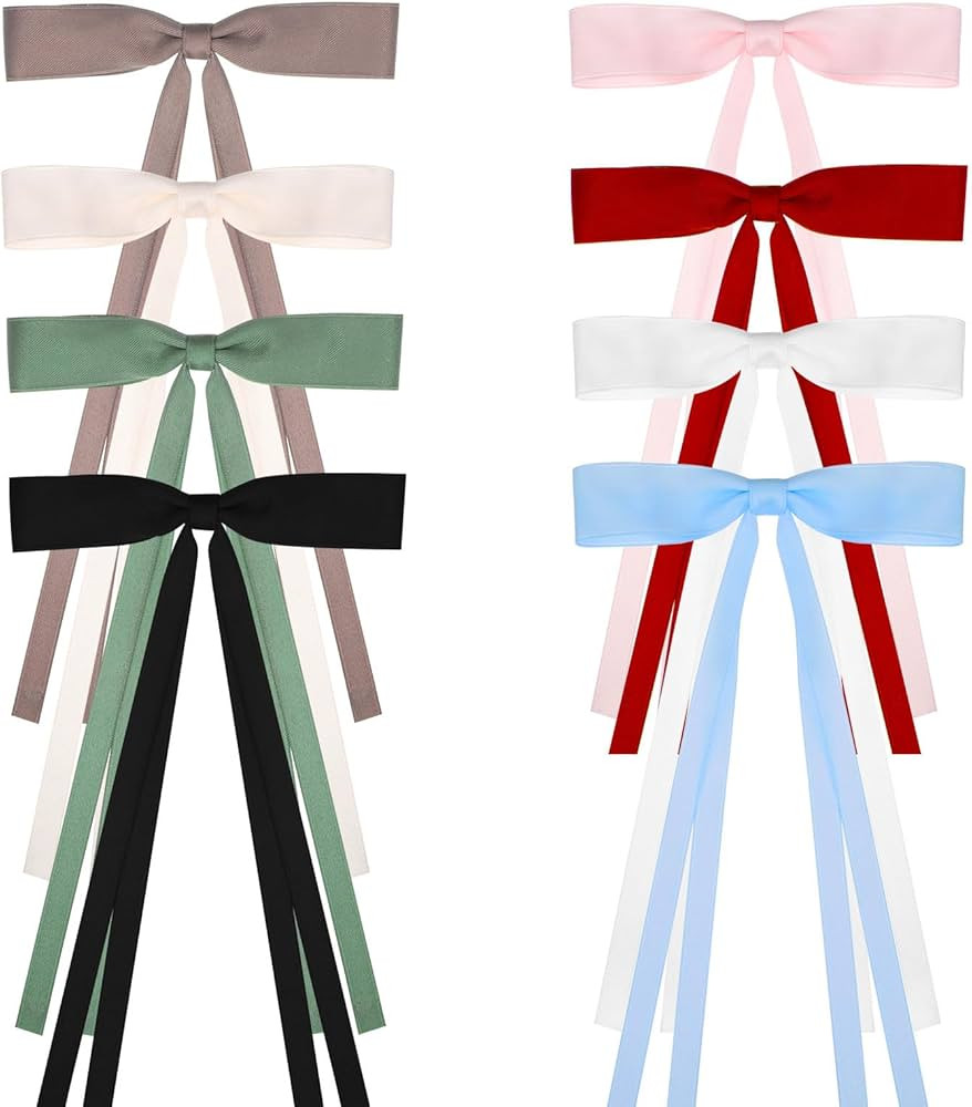 Hair Bows for Women, 8Pcs Silky Satin Hair Bows Clips with Long Tail Ribbon Hair Clips Solid Colo... | Amazon (US)