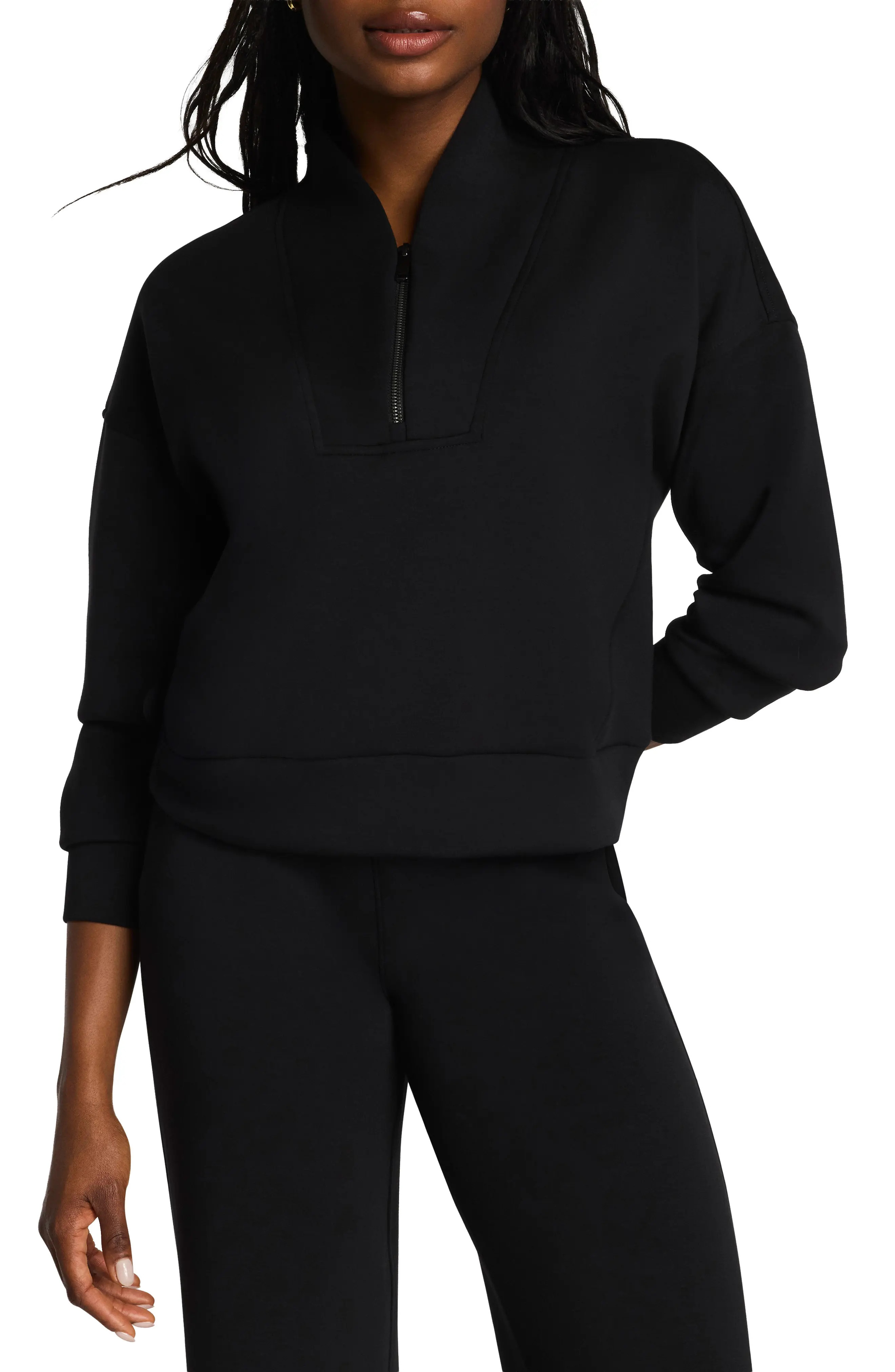 SPANX® AirEssentials Shawl Collar Quarter Zip Sweatshirt in Very Black at Nordstrom, Size 1X | Nordstrom