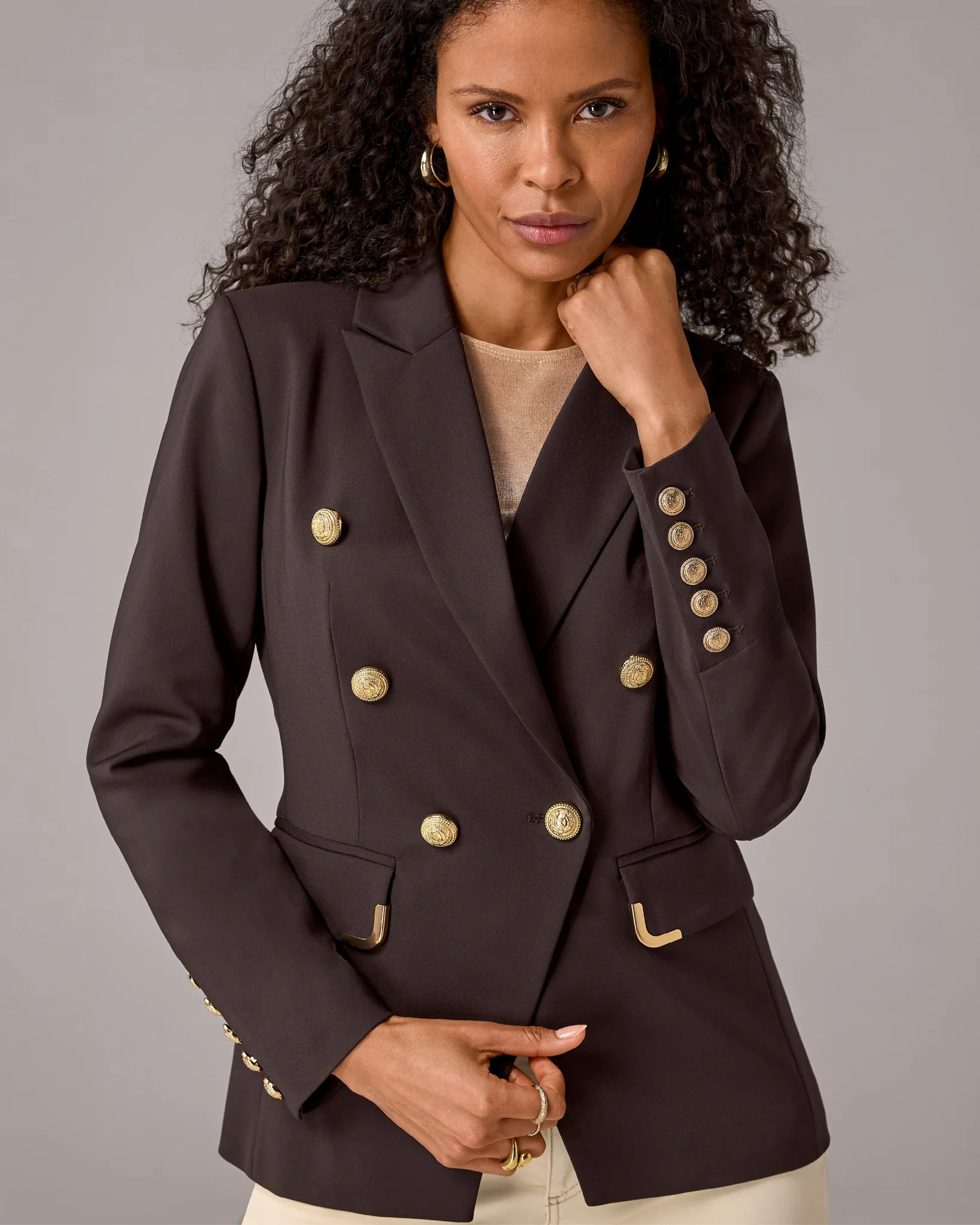 Hardware Trimmed Double Breasted Modern Blazer Chocolate Torte | Boston Proper