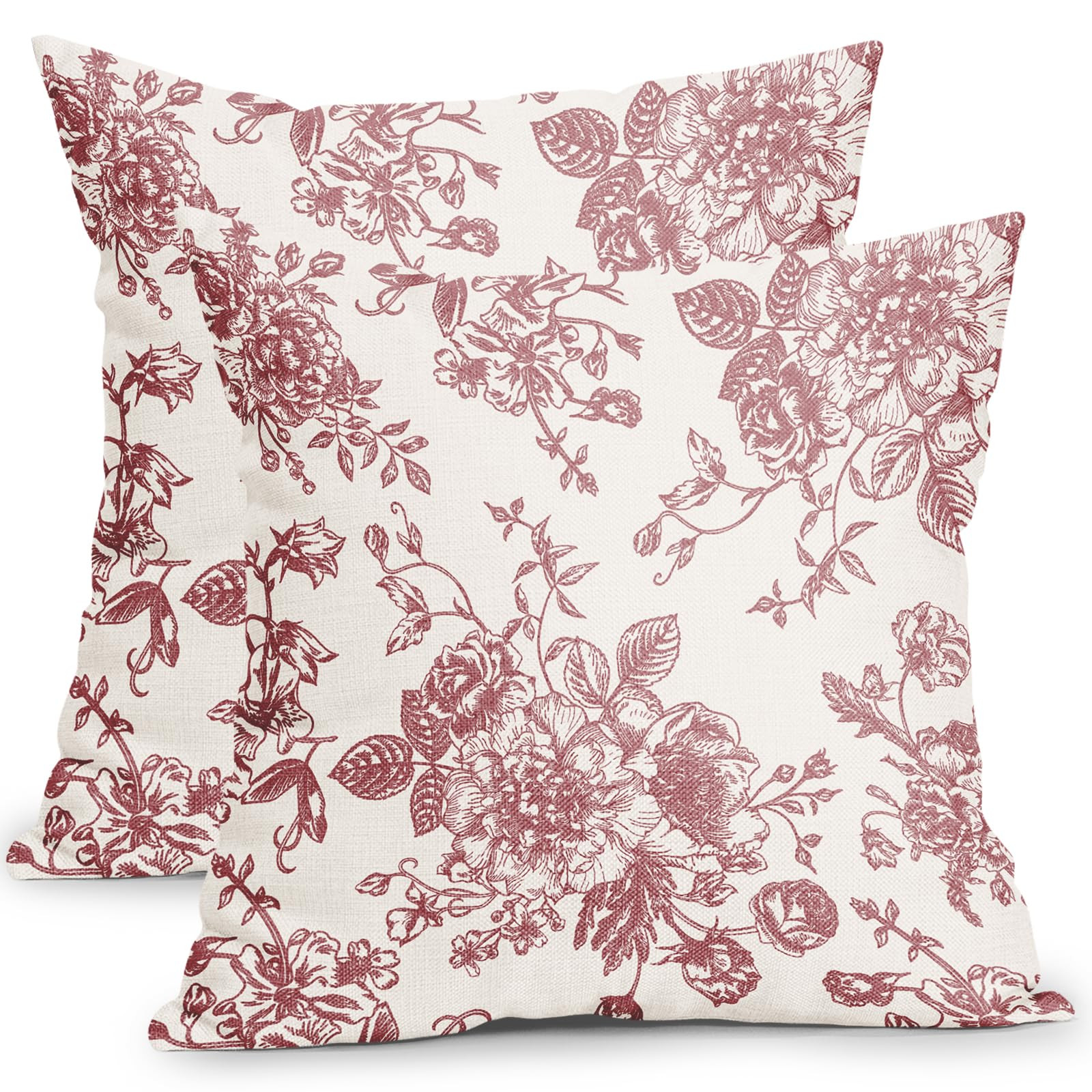Kawani Vintage Floral Pillow Covers 24x24 Inch Set of 2 Dry Rose Pink and Cream Floral Throw Pillow Covers Chinoiserie Flower Pillowcases Rustic Farmhouse Cushion Covers for Couch Home Decor | Amazon (US)