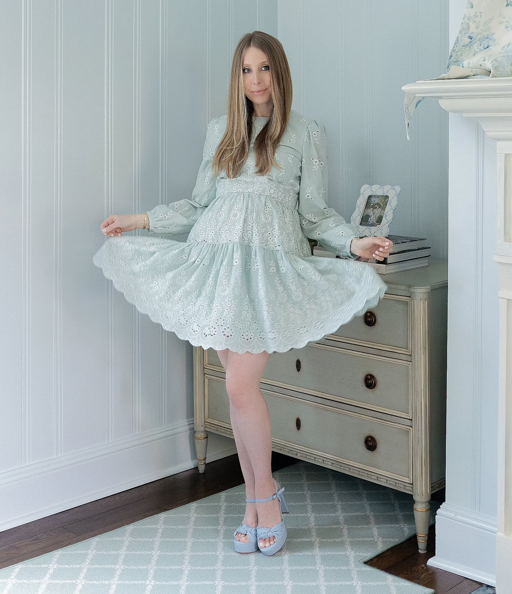 x Born on Fifth Flora Crew Neck Long Blouson Sleeve Eyelet Dress | Dillards