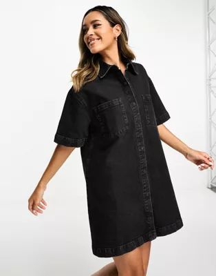 ASOS DESIGN short sleeve denim shirt dress in washed black | ASOS (Global)