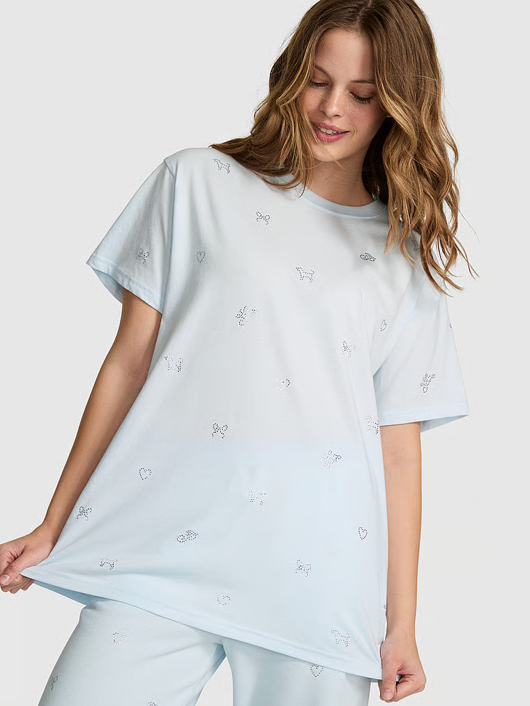 Buy PINK x LoveShackFancy Campus Cotton Tee, Glacial Mist - Order Tops online - PINK US | Victoria's Secret (US / CA )