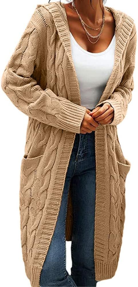 Women Hooded Open Front Cardigan Cable Knit Sweaters Solid Color Chunky Long Sweater Coats | Amazon (US)