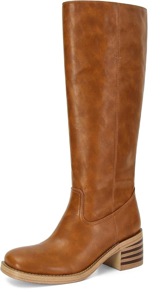 Womens Banana Knee High Boots Square Toe Comfortable Campus Boots Block Heel Riding Boots Wide Ca... | Amazon (US)