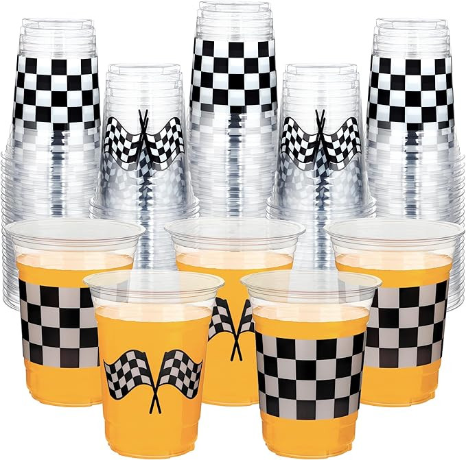 peony man 50 Pcs Checkered Racing Party Plastic Cups 16 oz White Black Checkered Flag Clear Cups ... | Amazon (US)