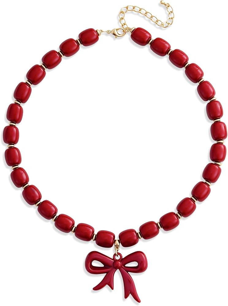 FILMOON Chunky Choker Necklace Red Beaded Bow Statement Necklace for Women Acrylic Bow Pendant Ne... | Amazon (US)