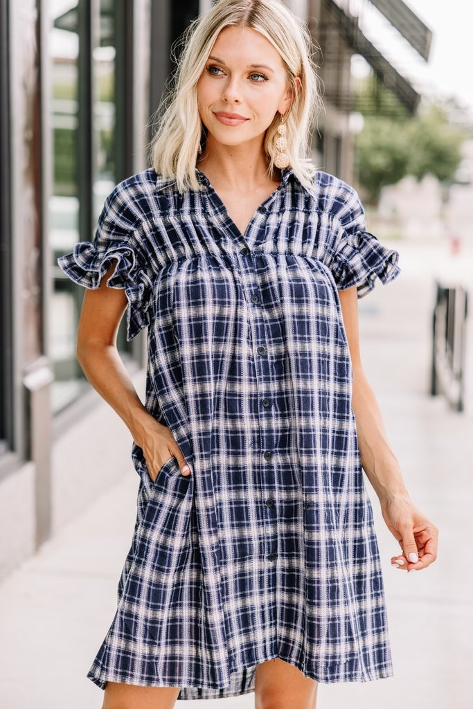 Sweet Aspirations Navy Blue Plaid Dress | The Mint Julep Boutique