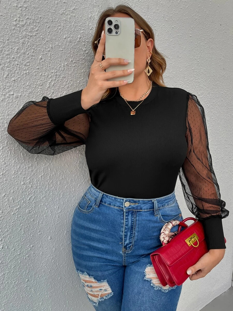 Plus Contrast Dobby Mesh Lantern Sleeve Top
   
      SKU: sf2206213057545530
          
        ... | SHEIN