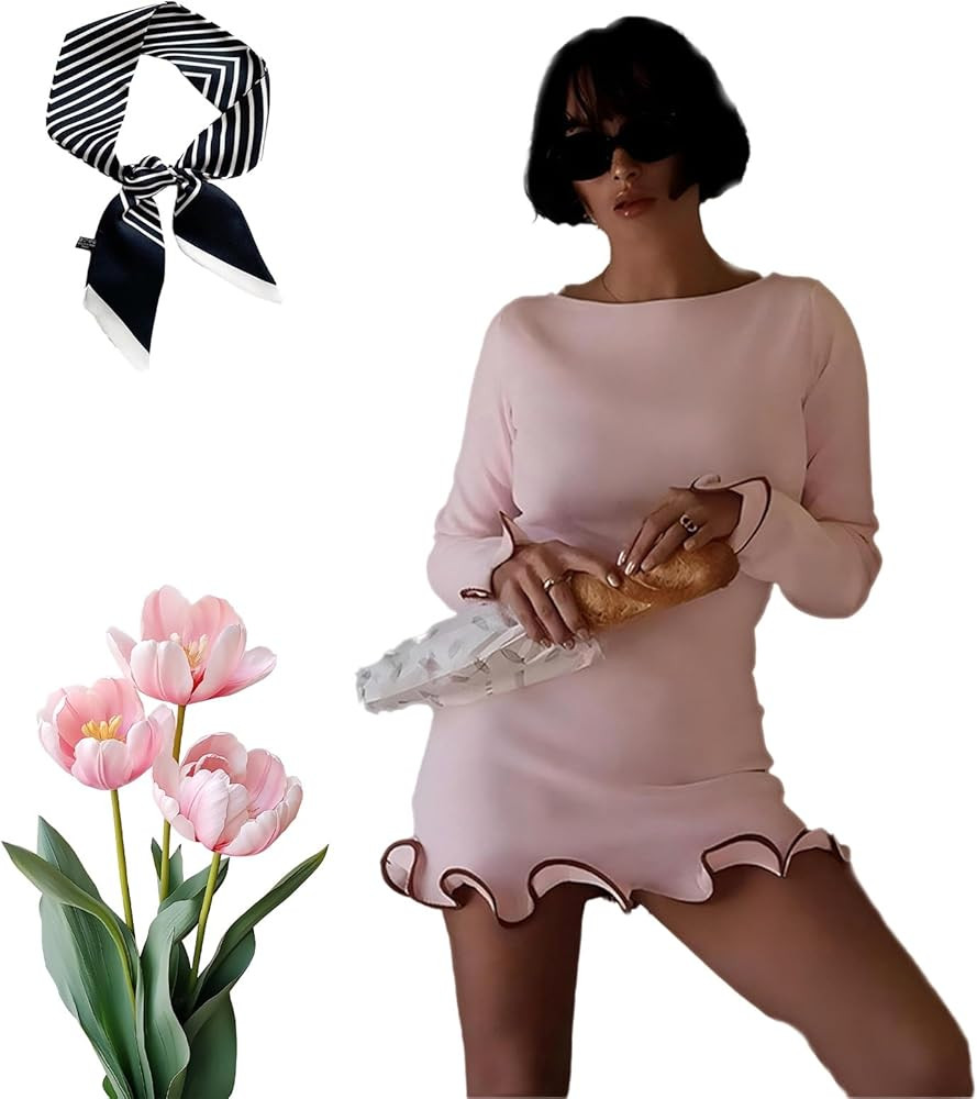 Womens Contrast Binding Flounce Sleeve Bodycon,Elegant Boat Neck Long Sleeve Bodycon Mini Ruffle ... | Amazon (US)