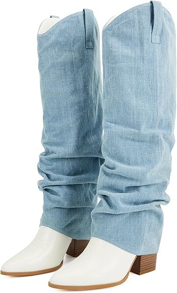 Putu Fold Over Boots for Women Knee High Cowboy Boots Chunky High Heel Tall Boots | Amazon (US)