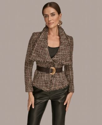 Women's Wide Lapel Collar Belted Tweed Blazer | Macy's