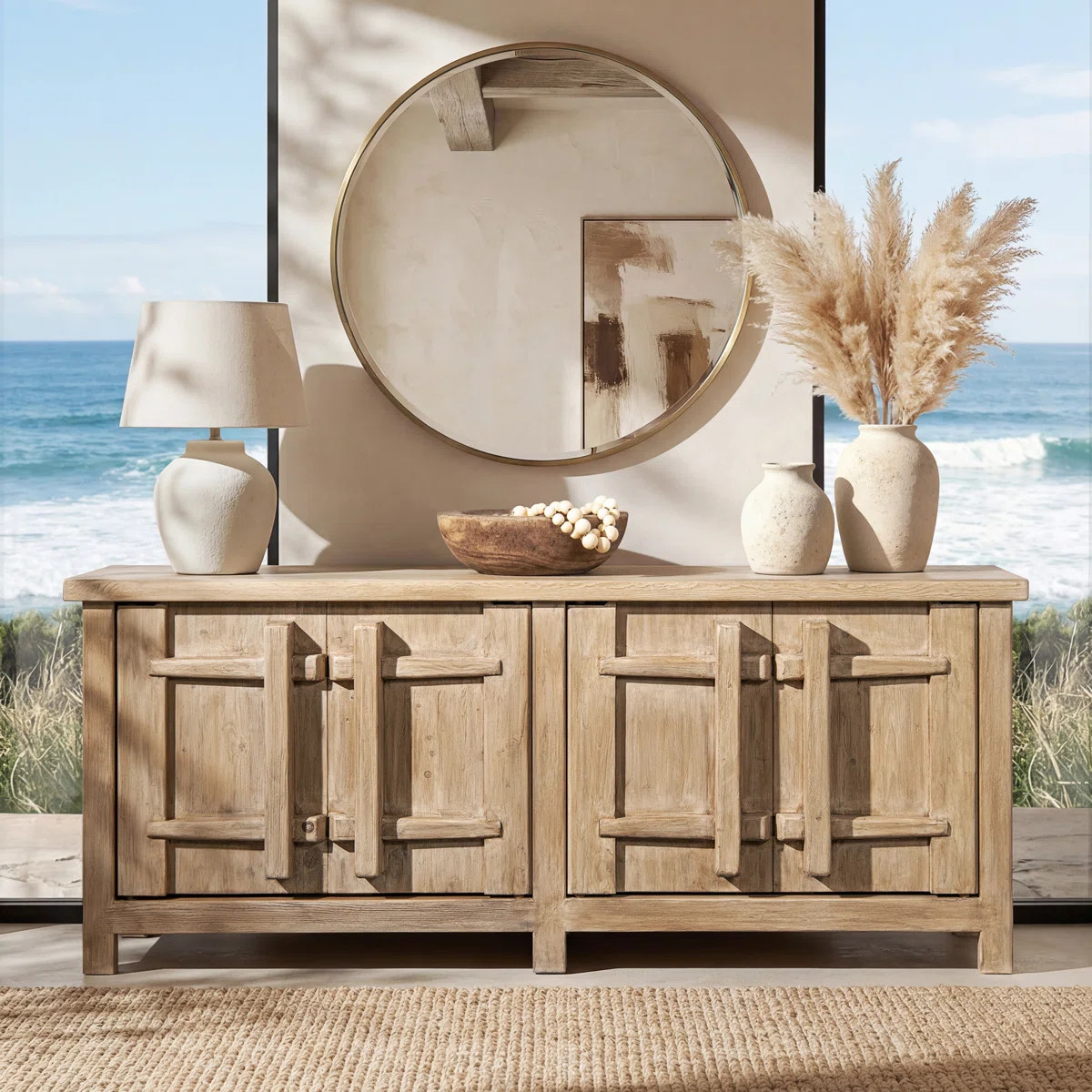 Rowan 91" Reclaimed Pine 4-Door Crossbar Sideboard Cabinet | Wayfair North America