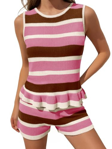 Tankaneo Womens 2 Piece Sweater Short Sets Knit Summer Casual Striped Sleeveless Peplum Tank Top ... | Amazon (US)