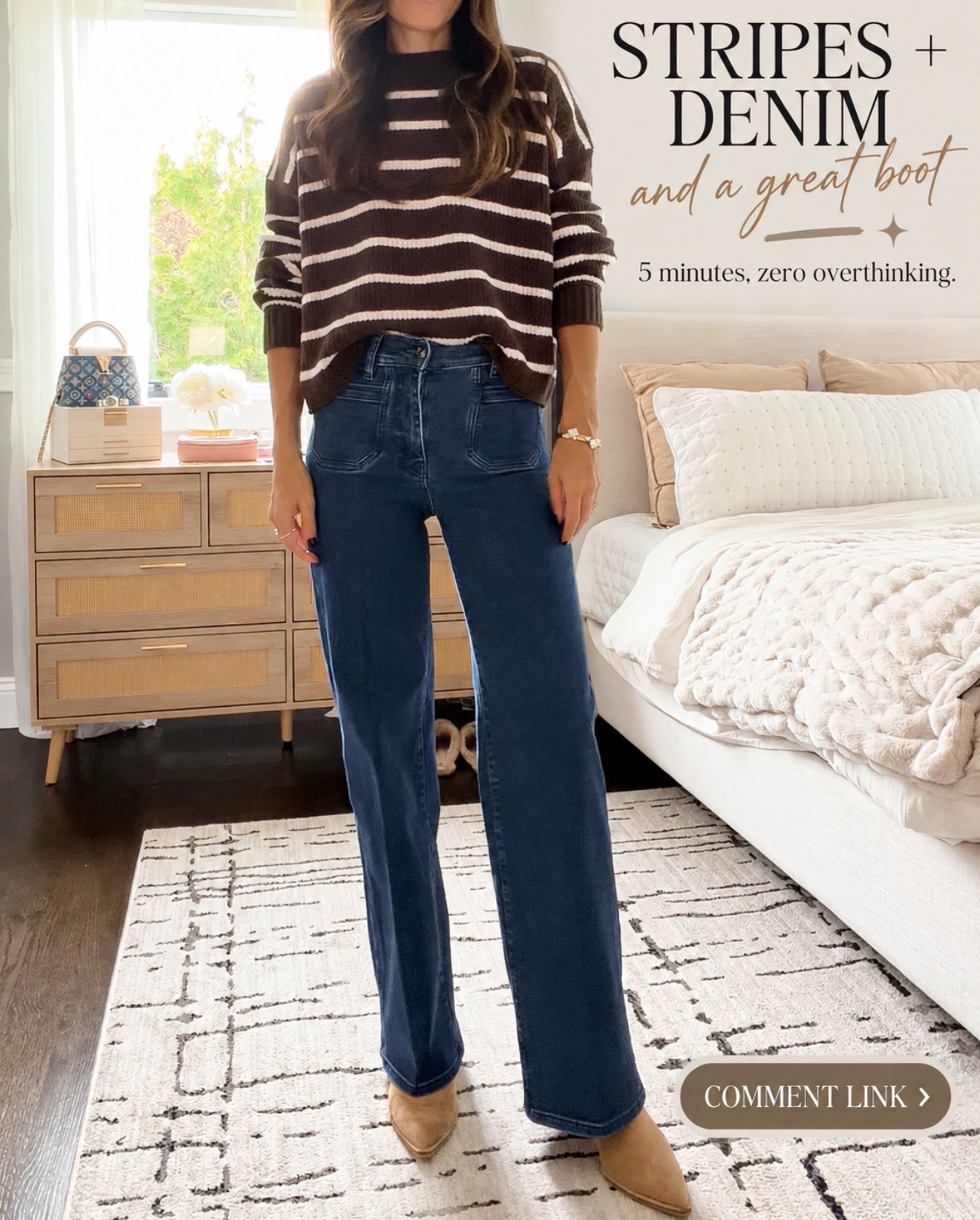 This is such an easy fall combo 🤎 A cozy striped sweater, great jeans, and a pointed-toe boot—five minutes and you’re out the door. 
💬Comment LINK and I’ll send you the outfit details!

#LTKootd #LTKmomlife #LTKOver40