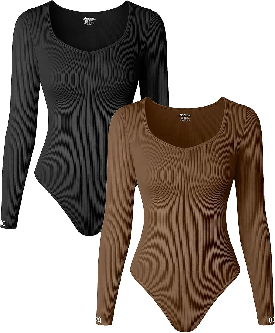 OQQ Women's 2 Piece Bodysuits Sexy Ribbed Long Sleeve Tops Bodysuits | Amazon (US)