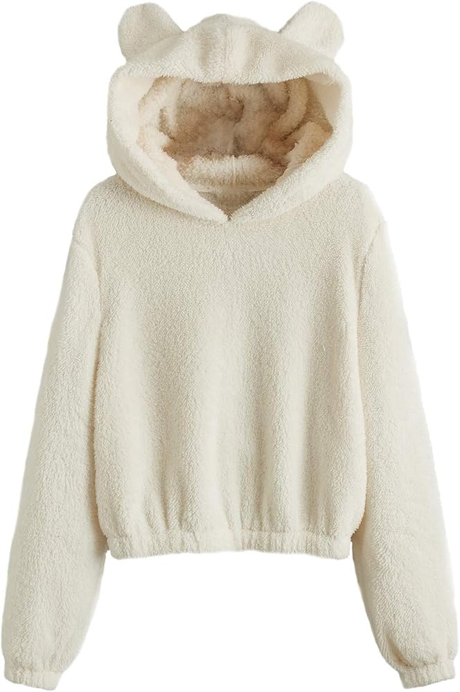 SheIn Women's Casual Cute Teddy Bear Long Sleeve Fleece Pullover Hoodie Top | Amazon (US)