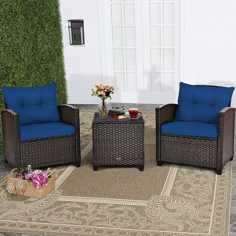 Costway 3PCS Patio Rattan Furniture Set Cushioned Conversation Set Coffee Table Navy | Walmart (US)