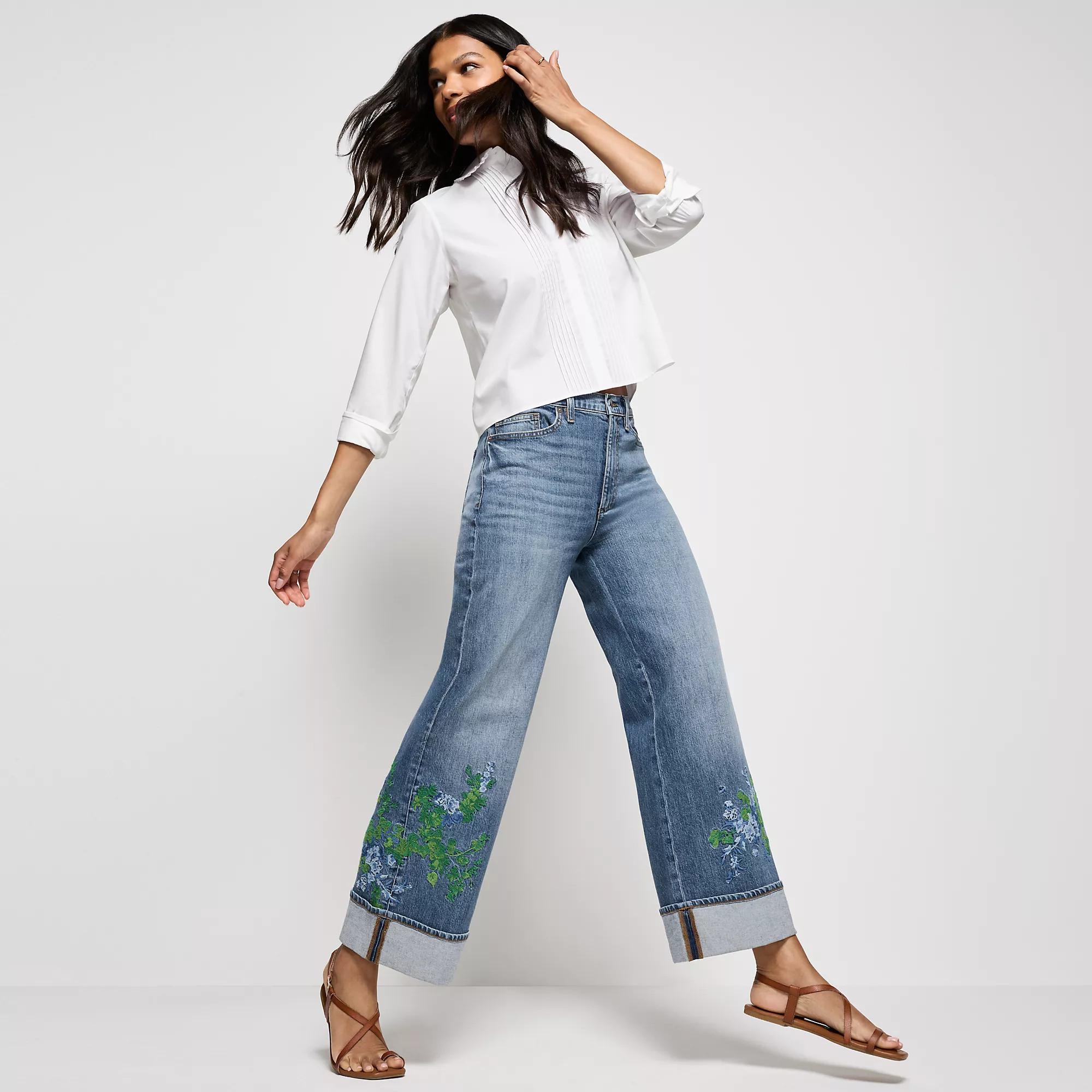 Women's Soft Denim High Rise Wide Leg Embroidery Jeans | Lands' End (US)
