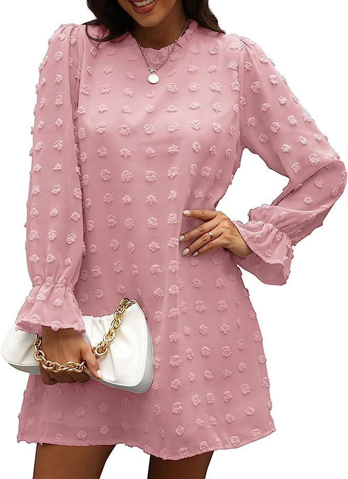 S.CHARMA Chiffon Dress for Women, Ladies Casual Swiss Dot Flowy Mini Dresses Solid Color Long Sle... | Amazon (UK)