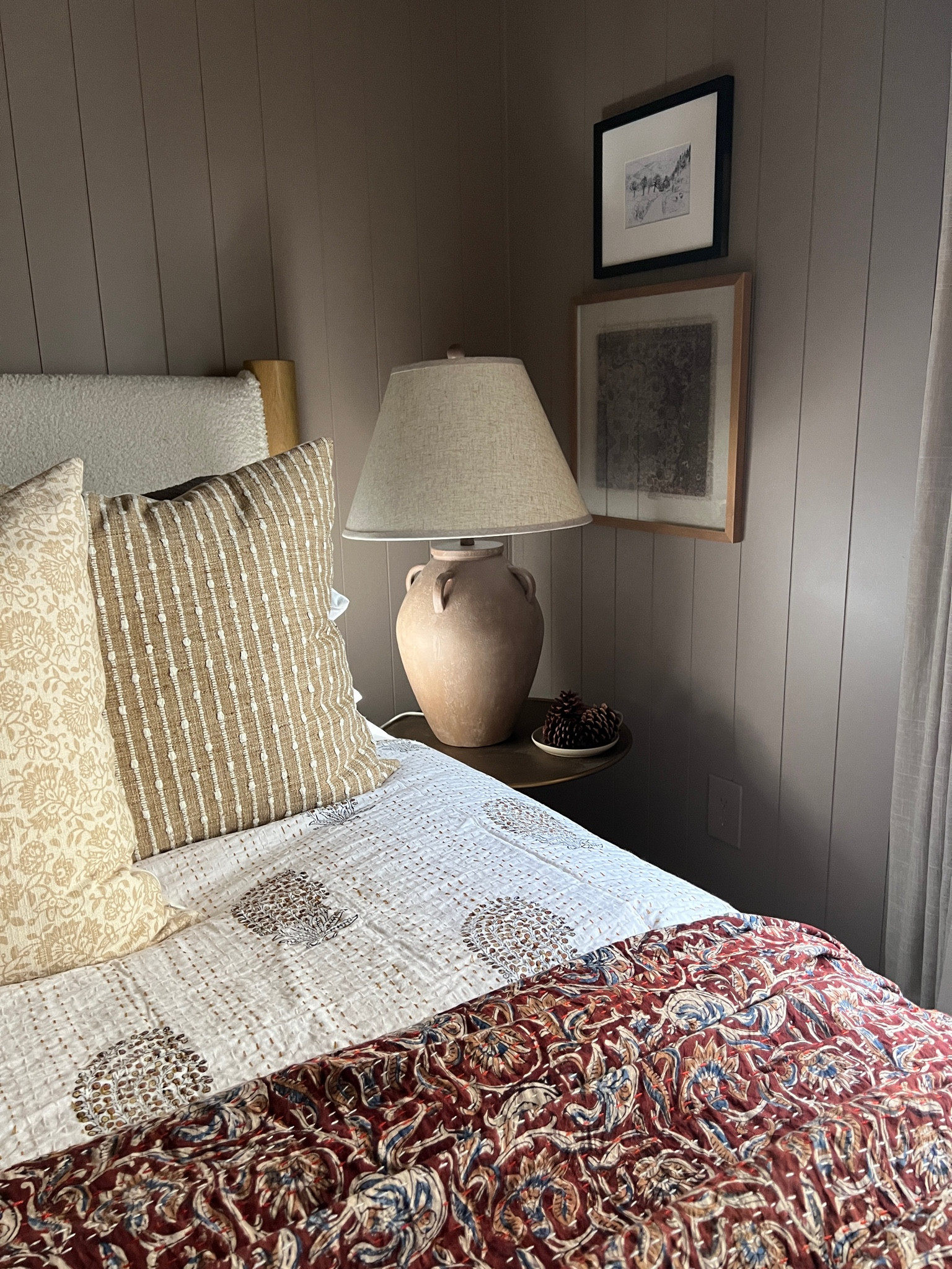 Moody bedroom styling 

Guest room burgundy kantha quilt tan beige throw pillow cover striped floral block print vintage rug red stems dark found vase aged bronze round side table urn lamp brown bench throw blanket vintage landscape framed art studio mcgee Etsy amber Lewis loloi linen curtains white and black quilt stitching empire lamp shade ceramic dish cream candle 

#LTKhome #LTKsalealert #LTKFind