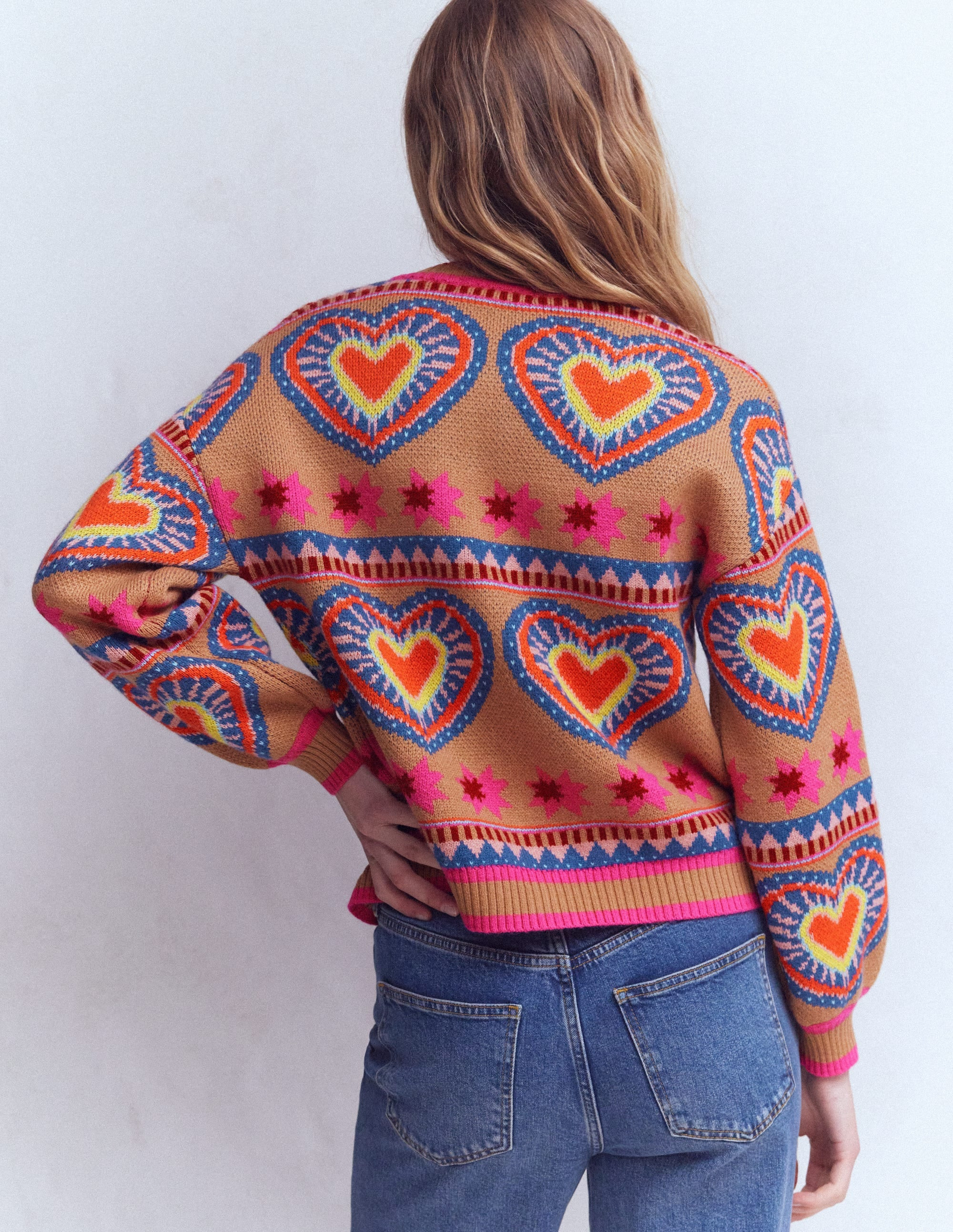 Abi Jacquard Cardigan-Camel Melange, Hearts | Boden UK