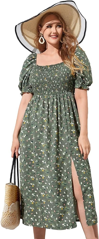 MakeMeChic Women's Plus Size Boho Floral Maxi Dress Curvy Short Sleeve Shirred Squared Neck Floma... | Amazon (US)