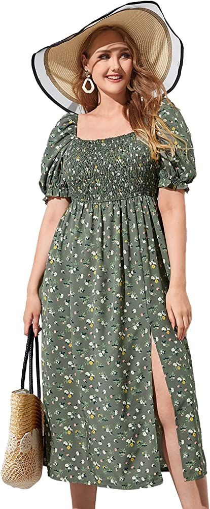 MakeMeChic Women's Plus Size Boho Casual Dress Floral Short Sleeve Shirred Square Neck Maxi Floma... | Amazon (US)