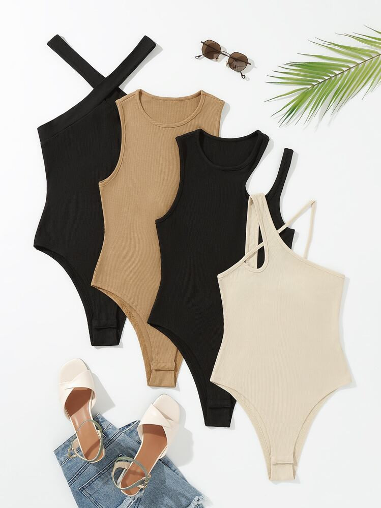 SHEIN Unity 4pcs Asymmetrical Neck Cut Out Bodysuit | SHEIN