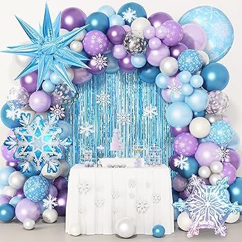 Amandir 162PCS Snow Birthday Party Supplies, Snow Balloon Garland Arch Kit Fringe Curtain Blue Pu... | Amazon (US)