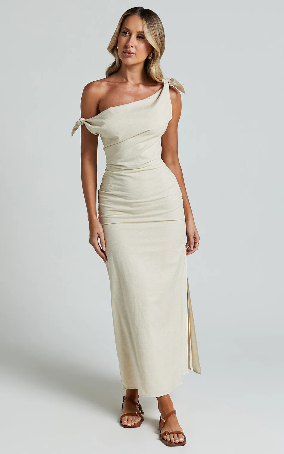 Off The Shoulder Side Split Column Linen Dress in Beige | Showpo (US, UK & Europe)