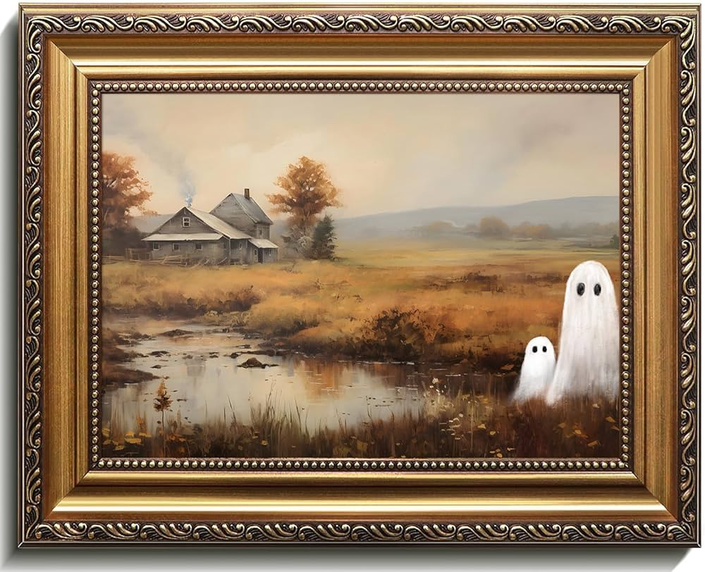 Vintage Gold Framed Halloween Wall Art, Cute Ghosts in Field Canvas Painting, Moody Gothic Ghost ... | Amazon (US)