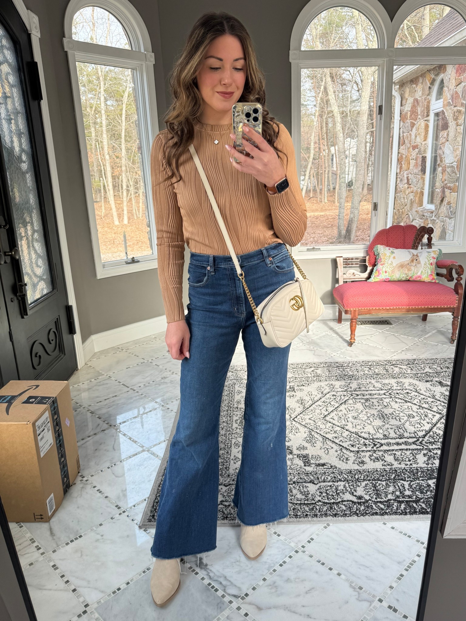 Ootd, lunch outfit, brunch outfit, long sleeve outfit, date night outfit, flare jeans, western booties, Gucci bag, Gucci purse, clover necklace, gold jewelry, simple gold necklace, neutral outfit, neutral spring outfit, going out top, Amazon top, Amazon layering top, millennial mom outfit, outfit ideas  

#LTKItBag #LTKFindsUnder50 #LTKStyleTip