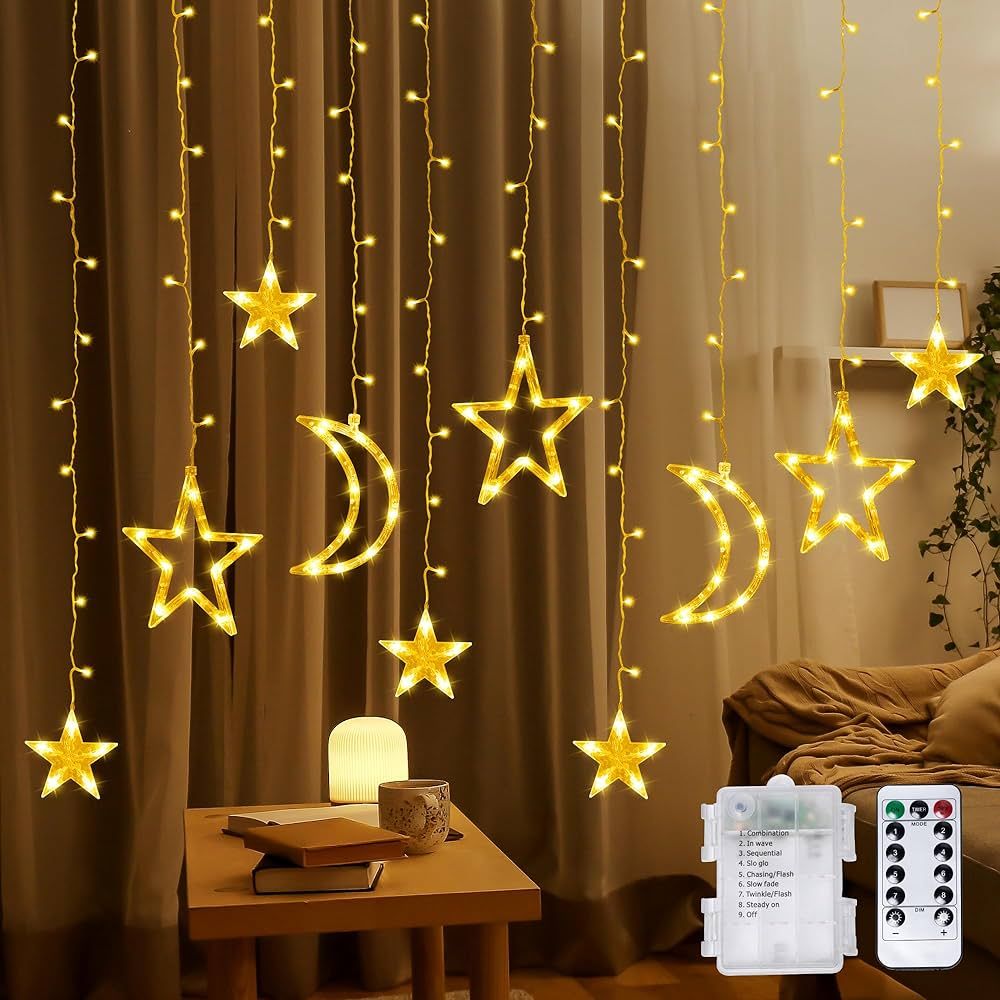 Star and Moon String Lights 138 Inch, LED Curtain String Lights with Remote, 8 Modes, Battery Ope... | Amazon (US)