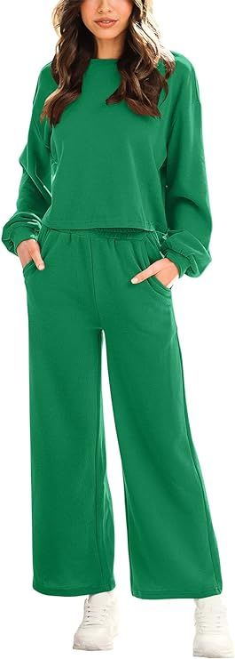 ANRABESS Women’s Two Piece Outfits Long Sleeve Crop Top Wide Leg Pants Knit Sweatsuit Loungewea... | Amazon (US)