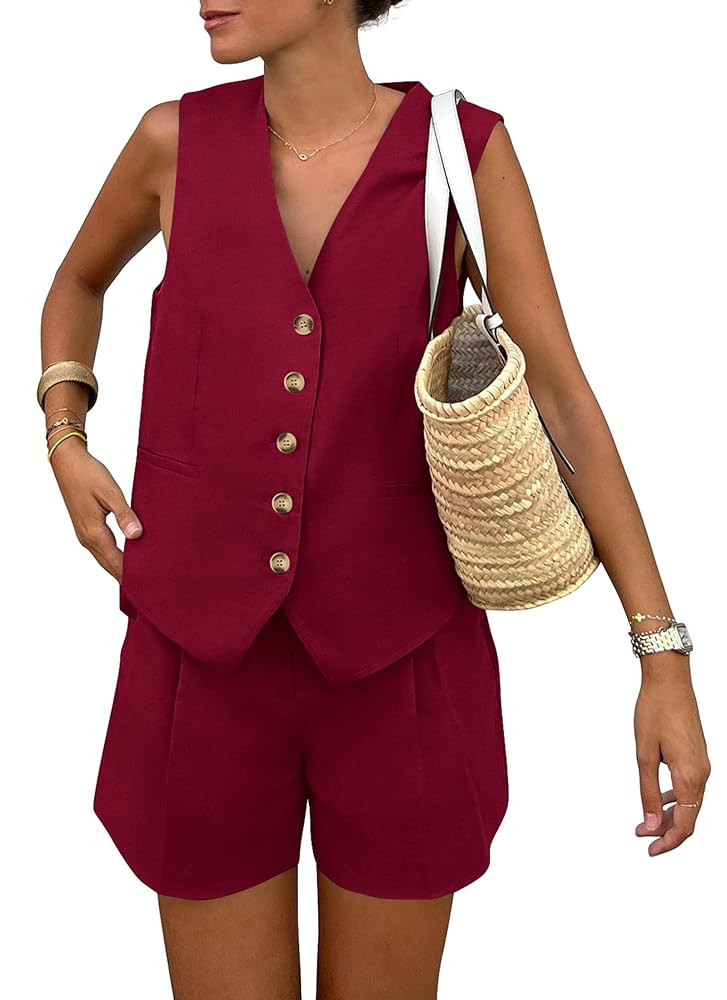 PRETTYGARDEN Women's Summer 2 Piece Outfits Sleeveless Matching Sets Button Down V Neck Vest Wais... | Amazon (US)