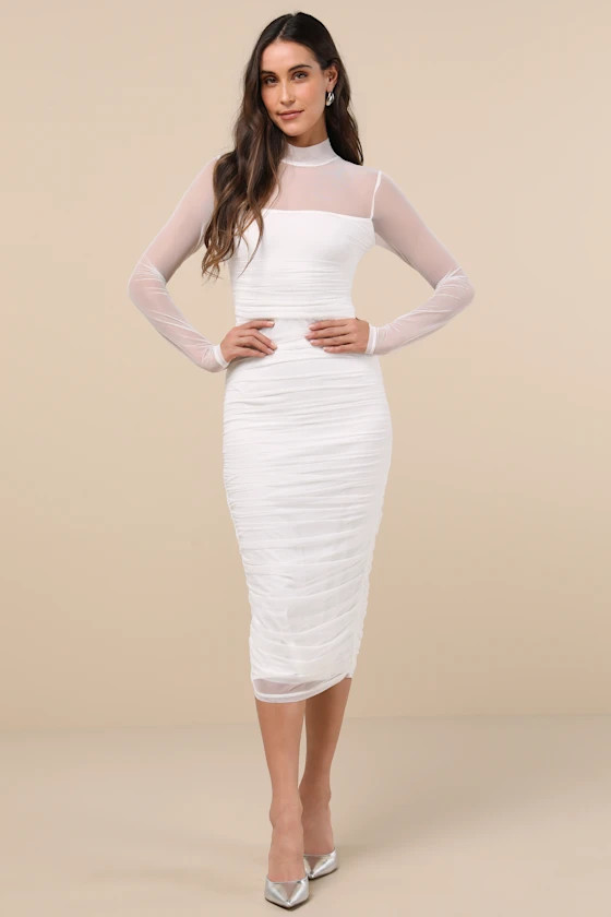 Impressive Flirt White Mesh Ruched Mock Neck Midi Dress | Lulus