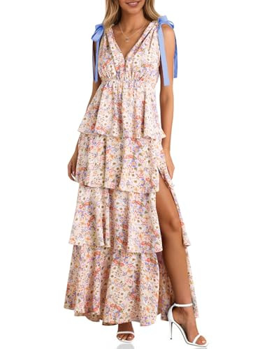Wenrine Womens Summer Floral Maxi Dress Tie Strap Sleeveless V Neck High Slit Boho Ruffle Tiered Beach Dresses Violet | Amazon (US)