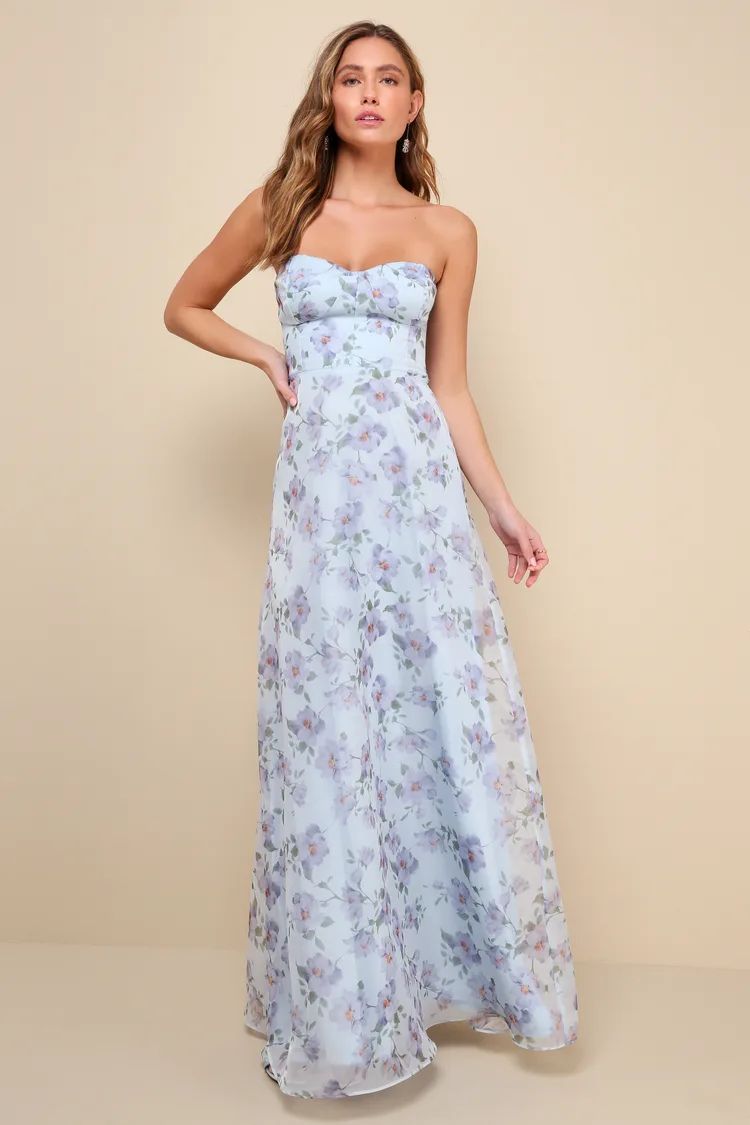 Chic Preciousness Light Blue Floral Organza Bustier Maxi Dress | Lulus