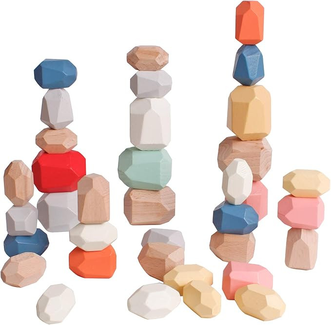 Dinhon 36pcs Colorful Blue Wood Stone Stacking Game Wooden Building Block Set Lightweight Natural... | Amazon (US)