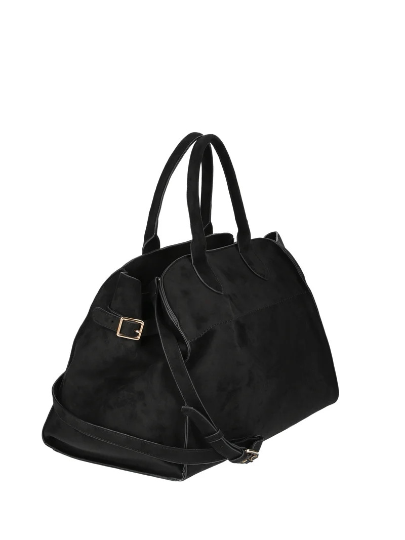 Time and Tru Women's Sage Satchel Soft Faux Suede Tote Bag, Black | Walmart (US)
