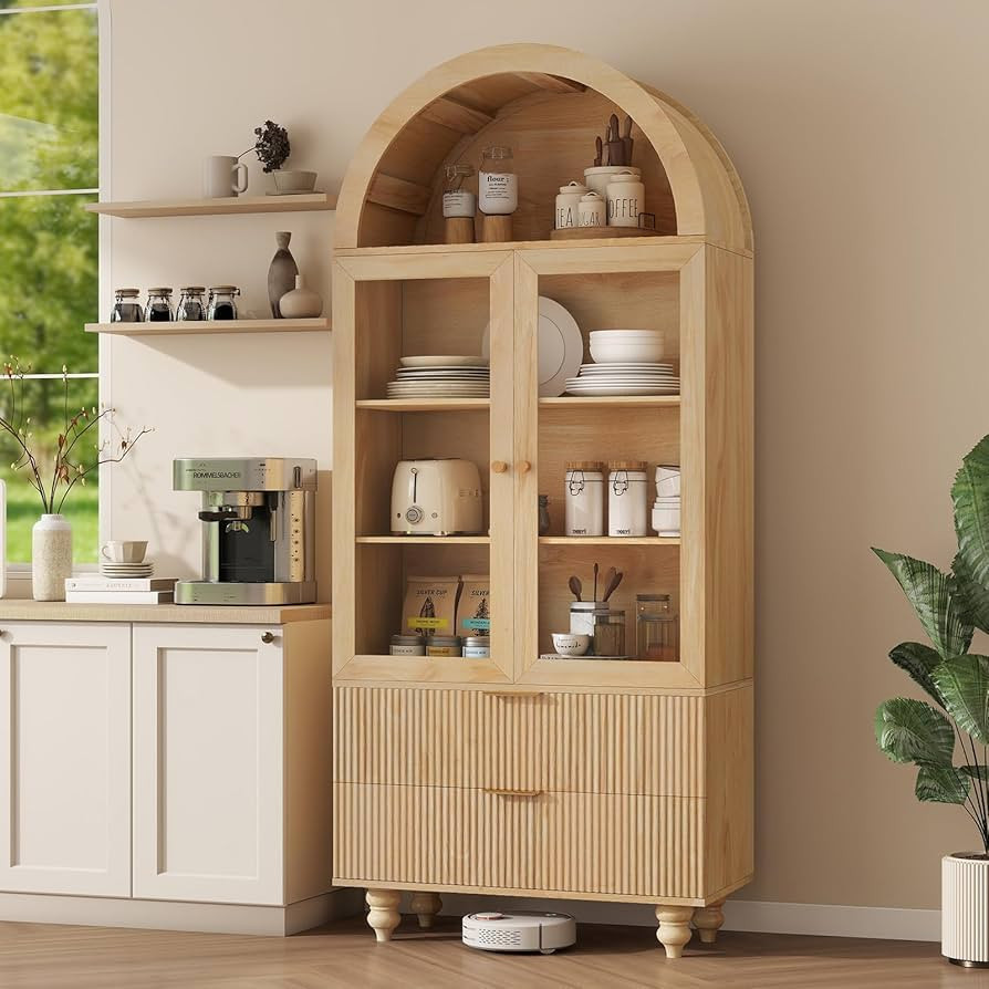 71" Tall Arched Pantry Cabinet With Glass Door, Fluted Kitchen Storage Cabinets with Shelves and ... | Amazon (US)