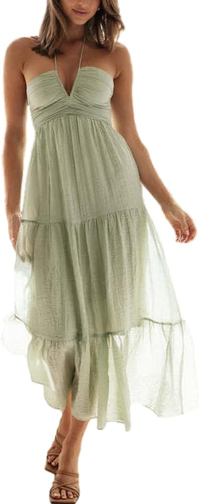 HOULENGS Women's Summer Sleeveless Halter Neck Boho Long Dress Backless Ruffle Hem Tiered Flowy M... | Amazon (US)