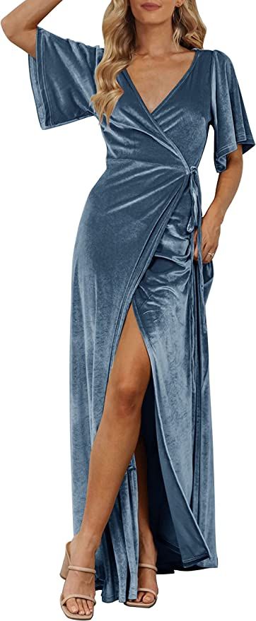 MEROKEETY Women's V Neck Wrap Velvet Maxi Dress Bell Sleeve Split Bridesmaid Cocktail Party Dress | Amazon (US)