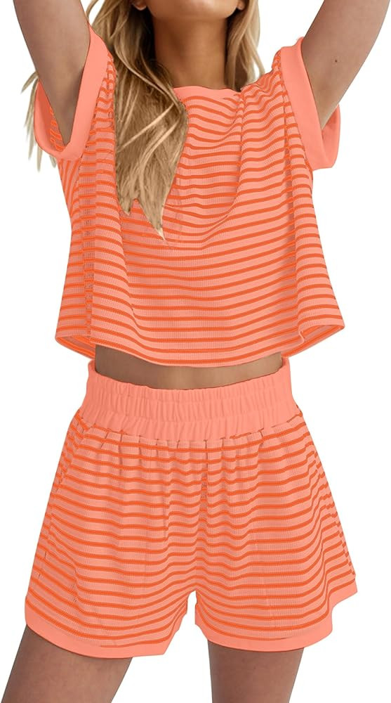 Women Summer 2 Piece Lounge Sets Striped Short Sleeve Tee Shirts Mini Shorts Loungewear Shorts Se... | Amazon (US)