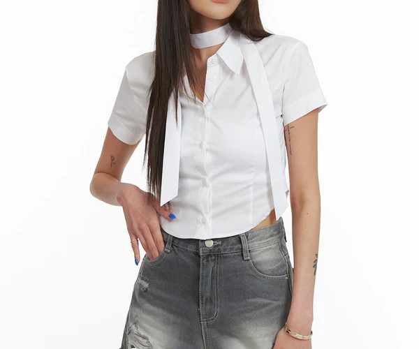 Buttoned Collar Crop Shirt with Scarf CY424 | Lewkin
