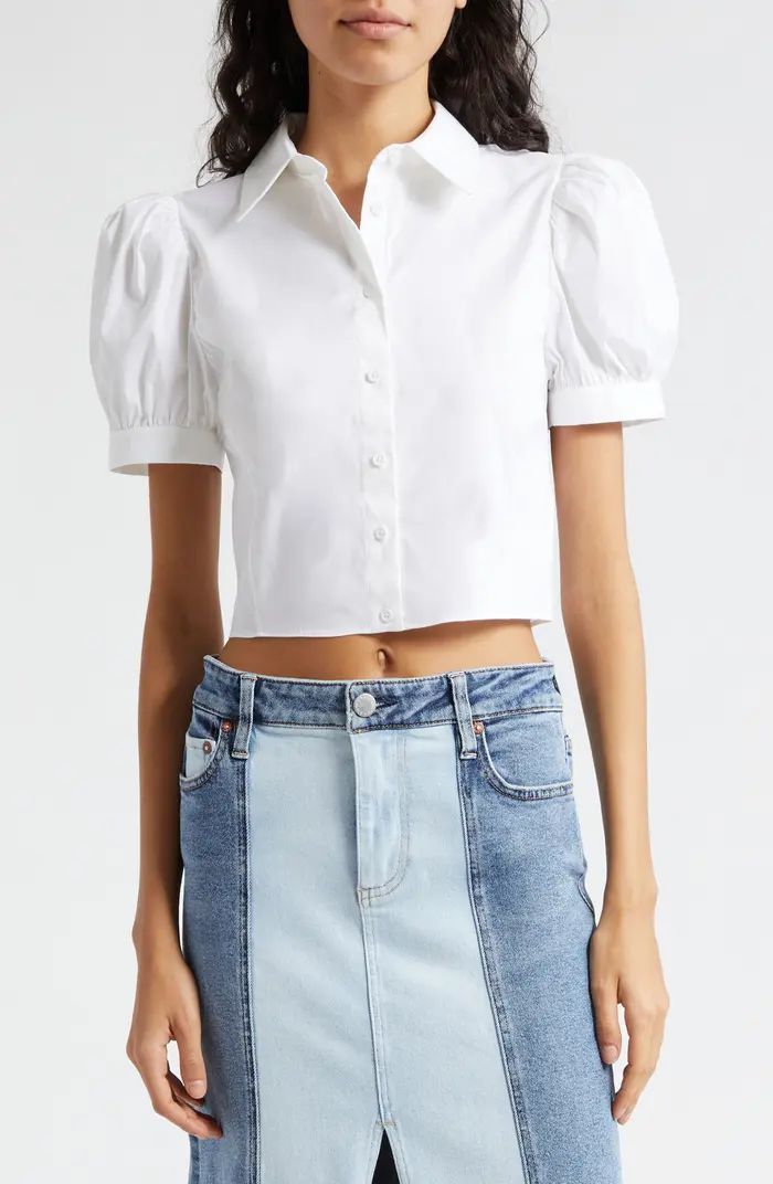 Alice + Olivia Willa Puff Sleeve Crop Cotton Blend Button-Up Shirt | Nordstrom | Nordstrom