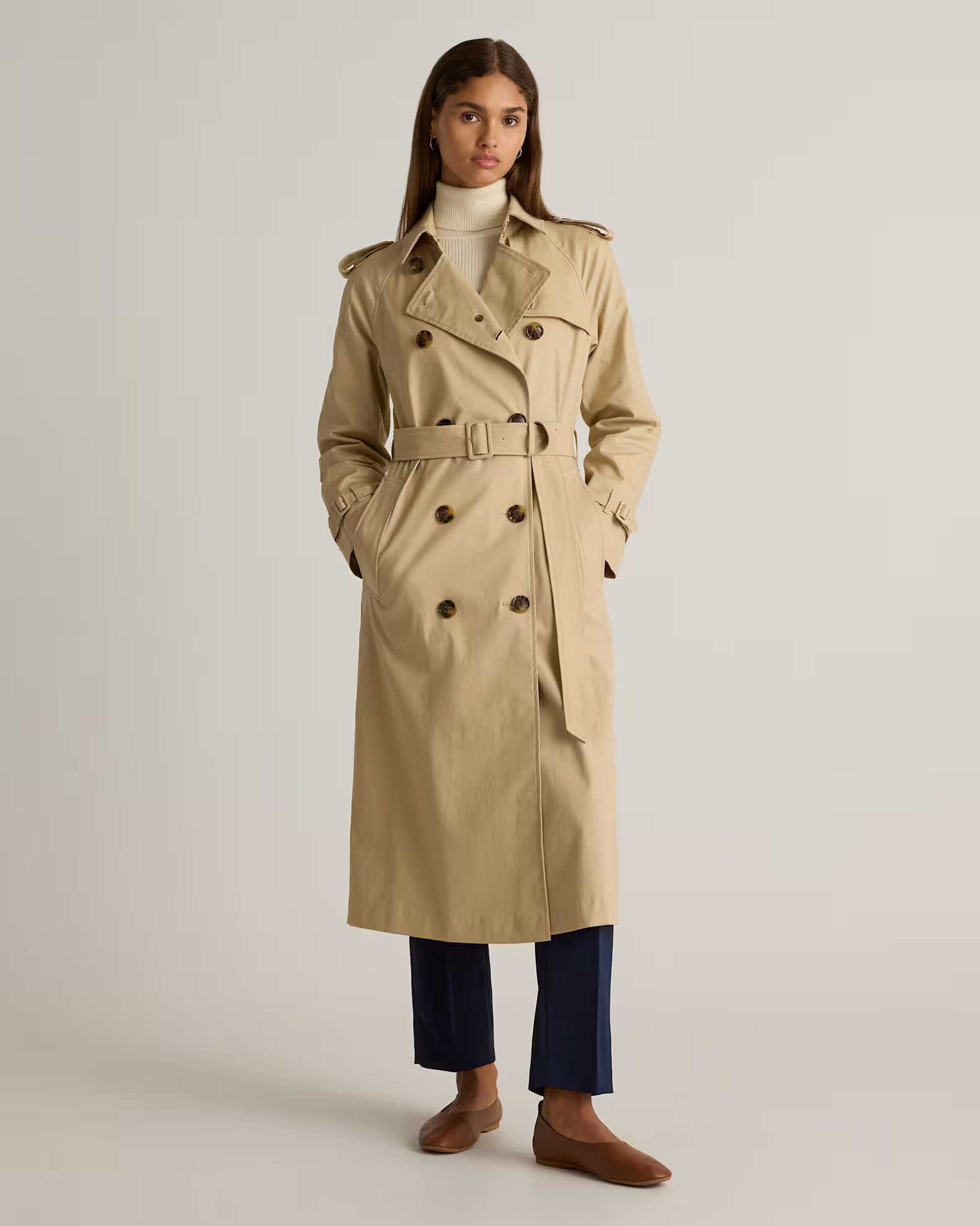 Comfort Stretch Long Trench Coat in Light Khaki | Quince